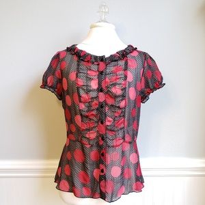 Sheer red and black button blouse